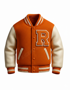 Blouson Bomber Unisexe Personnalisable Lettre « R » – Style Letterman Orange & Crème avec Patch Chenille pour Équipes et Marques - Product Image 1