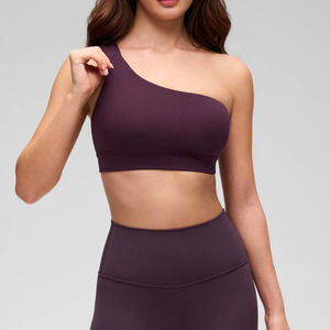 High Quality Athletic Women <b>One</b>-Shoulder Asymmetrical Neck Sports Bra Solid Color Seamless Medium Support Yoga Workout <b>Top</b> - Product Image 1