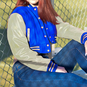 Chaqueta Corta Estilo Universitaria para Mujer, Color Azul Rey y Beige, Estilo Bomber, Mangas de Cuero Sintético, Ropa Exterior Informal, Moda Femenina - Product Image 1