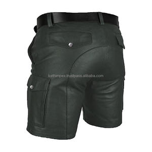 <b>Men's</b> Genuine Leather <b>Shorts</b> Green Biker Style Multi Pocket <b>Utility</b> for Outdoor Streetwear Casual Wear - Product Image 3