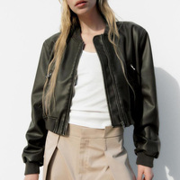Vêtements de sport TRAMA - Veste bomber en simili cuir noir pour femmes, taille plus, double boutonnage, col montant, coupe-vent, fermeture éclair, décontractée