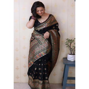 Shivani's Jade Black Pashmina Kashmiri Silk Saree with Zari Woven and <b>Ethnic</b> <b>Scarves</b> & <b>Shawls</b> - Product Image 4