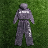Ensemble de survêtement vintage personnalisé pour femme, comprenant un sweat à capuche court croisé gris anthracite délavé à l'acide et un pantalon de jogging à jambe large, en molleton de coton avec ceinture brodée