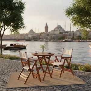 Natural Teak Bistro <b>Table</b> and <b>Folding</b> Sling Chairs Outdoor <b>Garden</b> Terrace Furniture Cafe Hospitality - Product Image 2