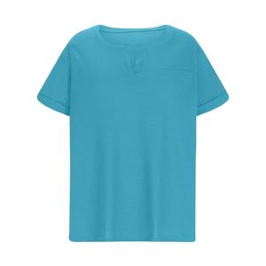 Camiseta de punto tipo gofre para mujer, para todas las estaciones, de manga corta, corte holgado, cuello en V, informal, de color liso, con bolsillo, transpirable - Product Image 3