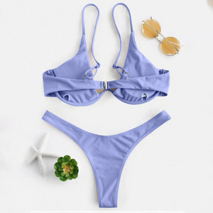 Ensemble bikini rouge pour femmes, haut croisé à lacets, bas string, couleur unie, maillot de bain extensible, deux pièces - Product Image 4