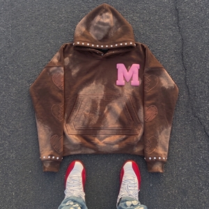 <b>Red</b> Unisex Hoodie Sun Faded Puff Print logo Rhinestone Trim Oversized Streetwear <b>Sweatshirt</b> - Product Image 5