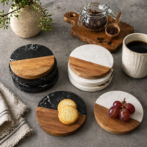Wooden <b>Marble</b> Coaster <b>Set</b> for Tea <b>Coffee</b> Glass Mug Heat Resistant <b>Table</b> Mat Accessories Premium Quality Finish - Product Image 4
