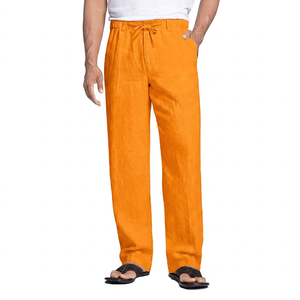 Pantalon décontracté pour homme en lin/coton beige, plissé devant, fermeture à cordon, léger, respirant, pantalon d'été avec poches latérales - Product Image 2