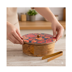 Mango Wood Round Chapati Box Roti Casserole With Lid For Kitchen <b>Dining</b> <b>Table</b> Decorative Serving Food Case - Product Image 5