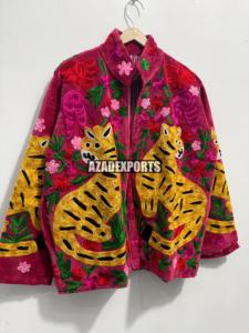 Hand Embroidered Corduroy Trucker <b>Jacket</b> with Tiger Pattern and Floral Design for <b>Women</b> Autumn Wear - Product Image 3
