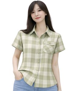 Olive Green And Cream Plaid Womens Short Sleeve Button Up Shirt Casual Summer Lightweight Breathable <b>Checkered</b> <b>Top</b> With Pocket - Product Image 1