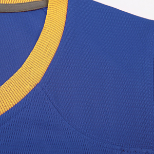 Maillot de football pour homme bleu à col en V et manches courtes avec bordure jaune, en maille respirante en polyester, vêtement de sport BRG, maillot de football américain - Product Image 3
