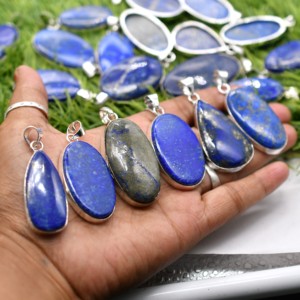 Colliers pendentifs ovales en lapis-lazuli naturel, sertis de pierres en argent 925, unisexes, bijoux classiques, cadeau - Product Image 3