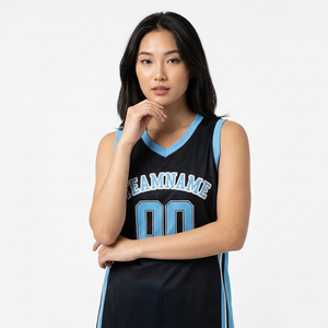 Men's Custom Mesh Basketball Jersey Sleeveless V-<b>Neck</b> Team Number Black <b>Light</b> Blue - Product Image 3