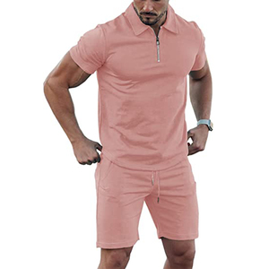 Ensemble décontracté d'été 2 pièces pour homme : T-shirt à quart de zip à manches courtes et short à cordon de serrage – Tenue streetwear et de sport - Product Image 2