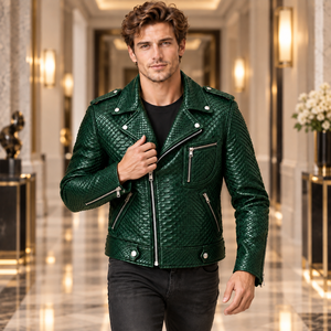 Chaqueta de moto de invierno para hombre, verde esmeralda, de cuero genuino repujado, transpirable, con bolsillos con cremallera, cuello alto, corte ajustado, estilo urbano, forro de seda - Product Image 6