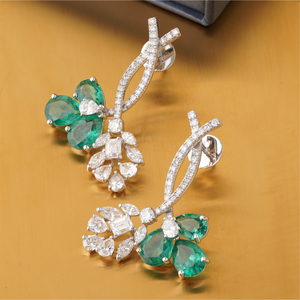 14K White Gold Fine <b>Dangle</b> <b>Earrings</b> 6.39 CT Green Pear Emerald Lab Grown <b>Diamond</b> Floral Drop Elegant Design - Product Image 1