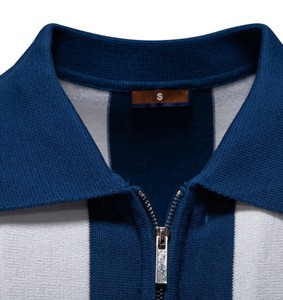 Men's Striped Knitted <b>Polo</b> Shirt Short Sleeve Zipper Casual Design <b>Orange</b> Beige Color Blocked Regular Fit - Product Image 3