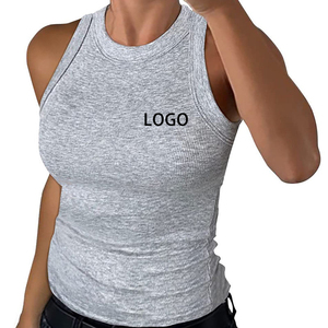 Débardeur côtelé pour femme, col rond, sans manches, couleur unie, respirant, en coton et élasthanne, avec logo frontal, idéal pour le yoga - Product Image 4