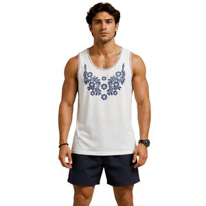 <b>White</b> <b>Men</b> Sleeveless Tank Top With Floral Embroidery Design Summer Casual <b>Vest</b> Gym Fitness Muscle Shirt Cotton Beach Wear - Product Image 1