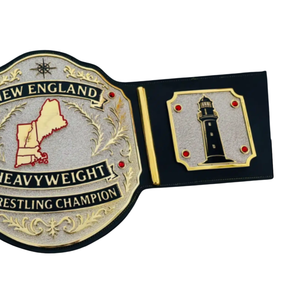 Cintura da Campione di Wrestling New England Heavyweight, Qualità Premium, Cinghia Nera con Placche Oro e Rosso con Motivi Albero e Faro - Product Image 4
