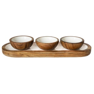 Modern Wooden Bowl Set with Tray Three Bowl Serving Set Inner Coated Snack Server Condiment Holder Premium <b>Tabletop</b> Kitchen Deco - Product Image 1