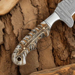 Cuchillo de caza tipo BullCutter de acero de Damasco al por mayor, hoja fija, mango de resina epoxi, funda de cuero, logotipo personalizado OEM, 3 años de garantía - Product Image 3