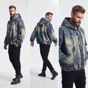 Blouson à capuche en jean délavé pour homme, coupe ample, style streetwear, effet usé et décoloré par le soleil, avec fermeture éclair - Product Image 5