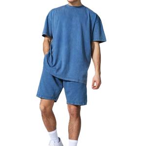 Ensemble T-shirt et short bleu surdimensionné pour homme, été, 2 pièces, respirant, 100% coton, haute qualité, ensemble assorti, grande taille - Product Image 1