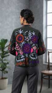 Chaqueta de Invierno para Mujer, de Terciopelo, con Bordado Floral Gris, Cuello Mandarín, Manga Larga, Resistente al Viento, con Forro de Algodón - Product Image 5