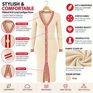 Vestido Cárdigan de Manga Larga con Cuello en V y Rayas Rojas de la Hermandad Femenina Cosh International, Estilo Maxi Ajustado, Moda Preppy - Product Image 6