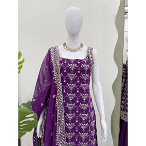 Conjunto de traje de diseñador para fiesta con hilo y secuencia de trabajo talla XL - Product Image 1