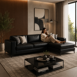Sofá Seccional de Cuero Genuino Negro de Lujo con Chaise Longue, Diseño Clásico, Sofá de Cuero para Sala de Estar de Hotel, Muebles para Sala de Estar - Product Image 6