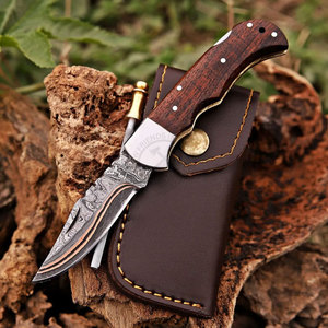 Japanese Copper Damascus Steel Tactical Pocket Folding Knife Camping Survival EDC Hunting Knife w/Wood Steel Bolster Handle - Product Image 1
