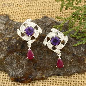 Pendientes Colgantes Clásicos de Amatista Natural de 5MM y Rubí de Alibaba, Plata de Ley 925, Circonita Cúbica, Fabricante de Joyería de la India - Product Image 1