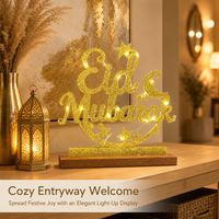 Batteriebetriebenes Eid Mubarak Leuchtschild mit Goldglitter-Beschriftung und Poliertem Holzsockel für Eingangsbereich Heimdekoration