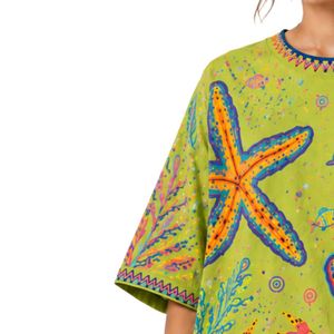 T-shirt graphique oversize vert lime pour femme, imprimé océan coloré, décontracté, en coton, streetwear, coupe ample, été, personnalisable, OEM, vente en gros - Product Image 4
