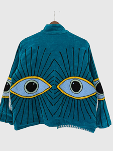 Blouson en velours brodé à la main avec motif œil, manches longues, col montant, grande taille, vêtements d'automne pour femmes - Product Image 4