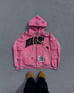 Sudadera con capucha y cremallera para hombre, personalizada con estampado DTG, estilo urbano, oversize, con pedrería y perlas, de algodón, corta, con lavado ácido - Product Image 5