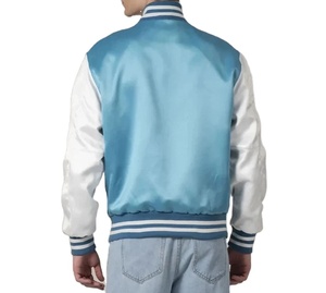 Unisex Light Sky Blue Satin Varsity Bomber <b>Jacket</b> White Sleeves Stand Hooded Zipper Front Twill Patches Chenille Letters Logo - Product Image 4