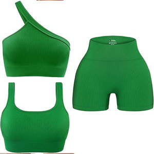 Comfortable Women 2 Piece Vintage Solid Workout Sets Seamless Ribbed Yoga Outfits Sports Bra <b>One</b> Shoulder <b>Top</b> Shorts Gym - Product Image 1