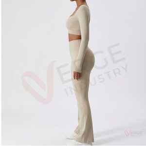 <b>Women</b> Beige Square Neck Long Sleeve Crop Top High Waist <b>Flared</b> <b>Leggings</b> 2 Piece Yoga Set - Product Image 3