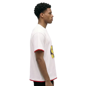 T-shirt blanc à manches courtes pour homme, coupe classique, col rond, en coton tricoté, bordure rouge contrastante, style décontracté, couleur unie - Product Image 5