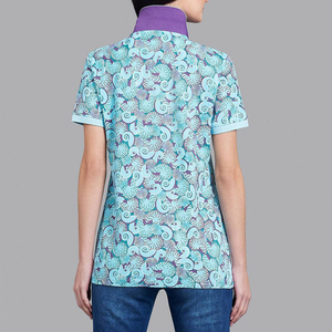 เสื้อโปโลแขนสั้นพิมพ์ลายดอกไม้สีฟ้าสำหรับผู้หญิง ผ้าทอระบายอากาศได้ดี ความยาวปกติ - Product Image 4