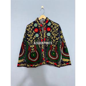 Hand Embroidered Velvet Bohemian <b>Jacket</b> <b>Mandarin</b> <b>Collar</b> Full Sleeve Floral Pattern Women's Winter Coat with Cotton Lining - Product Image 1