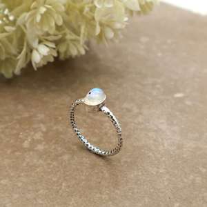 Handmade 925 Sterling <b>Silver</b> Natural Rainbow Moonstone <b>Ring</b> Dainty Textured Band <b>Solitaire</b> <b>Ring</b> for Women - Product Image 4