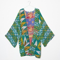 Robe Kantha réversible en coton pur vintage multicolore faite à la main, veste d'hiver élégante en bleu sarcelle multicolore
