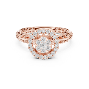 Anillo de compromiso y boda para mujer con diamantes redondos en racimo y banda pavé en oro rosa - Product Image 2