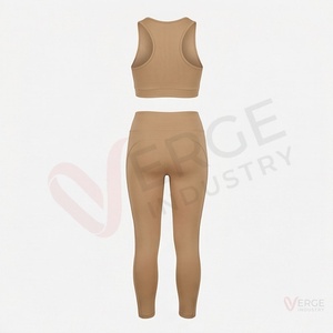 Ensemble de yoga 2 pièces pour femmes, haut court beige à col rond et leggings taille haute longueur intégrale - Product Image 2